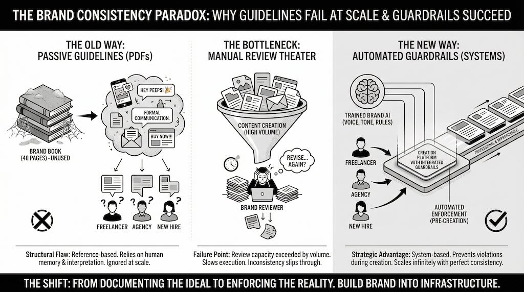 Your 40-Page Brand Book Is Useless. Here's What Actually Enforces Brand Consistency.